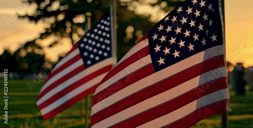 A tranquil military cemetery at sunset, with American flags and golden light casting a serene glow over the landscape.