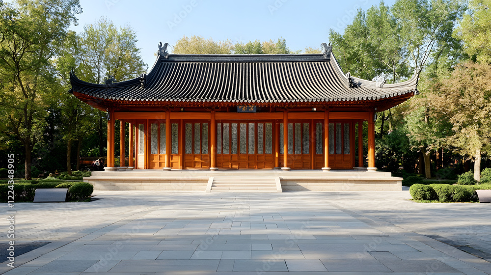 Traditional Asian Pavilion in Tranquil Garden Setting with Trees : Generative AI Traditional Asian Pavilion in Tranquil Garden Setting with Trees : Generative AI