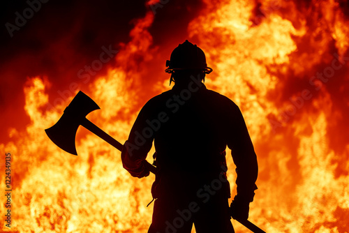 Brave fireman battling intense flames urban fire scene action shot nighttime heroism concept photo