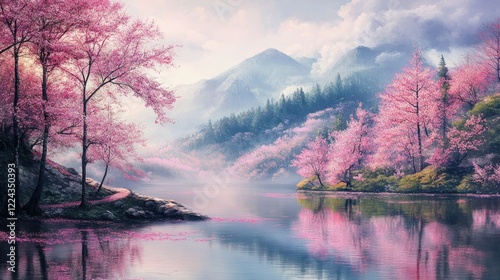 Sakura season at Kawageta, Japan, cherry blossoms painting the landscape in soft pink hues. photo