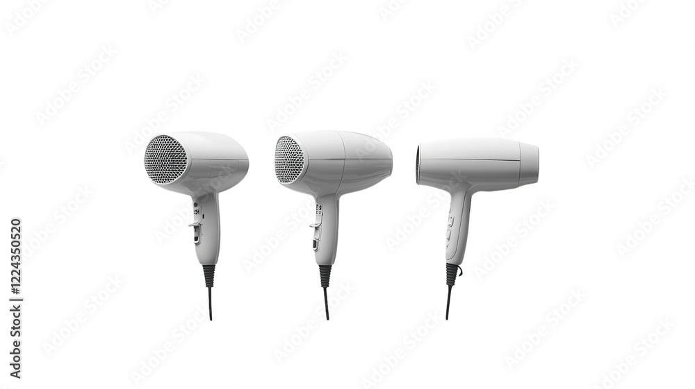 Different styles of white hairdryers displayed creatively on a plain background for modern decor Different styles of white hairdryers displayed creatively on a plain background for modern decor