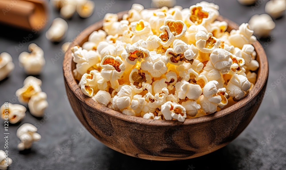 Popcorn in wooden bowl on dark table with cinnamon stick, perfect for snack ads or movie night promos Popcorn in wooden bowl on dark table with cinnamon stick, perfect for snack ads or movie night promos