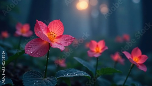 Softly glowing flowers with dew drops in misty forest at night, dew drops, glowing flowers, soft glow
