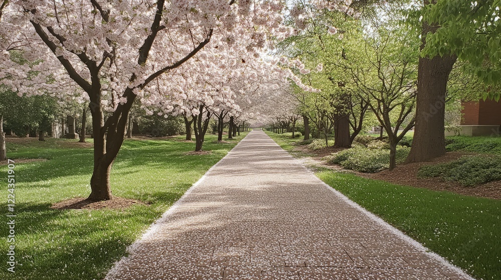 Scenic walkway lined with cherry blossom trees, petals gently drifting to the ground. Scenic walkway lined with cherry blossom trees, petals gently drifting to the ground.