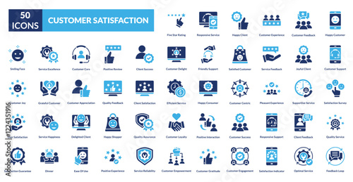 customer satisfaction fill icon set collection. Happy Customer, Customer Support, Satisfaction Survey, Quality Service, Feedback Loop, Five Star Rating, Responsive Service, Customer Experience