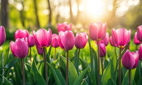 Purple tulips blooming in a sunny spring garden, ideal for nature and floral designs