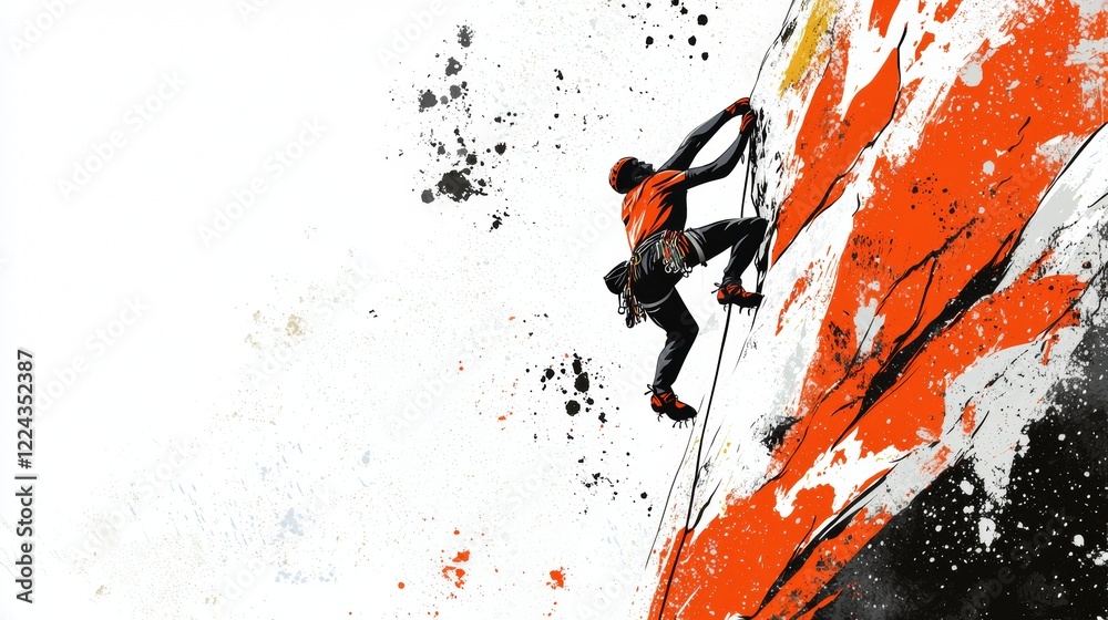 Fototapeta premium Climber scales a bold rock face amidst vibrant splashes of color in an adventurous outdoor setting