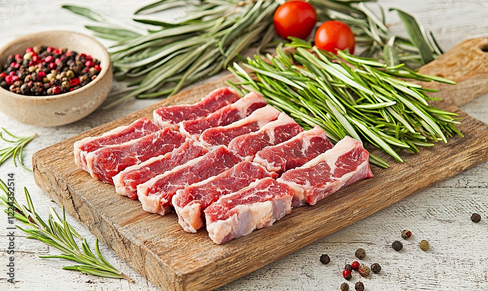 Raw beef strips on cutting board with rosemary, peppercorns, tomatoes on white table Raw beef strips on cutting board with rosemary, peppercorns, tomatoes on white table