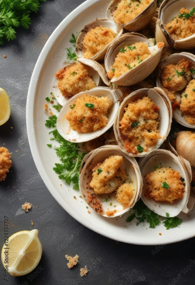 Baked clams oreganata on a plate with breadcrumbs and parsley , seafood dish, dinner Baked clams oreganata on a plate with breadcrumbs and parsley , seafood dish, dinner