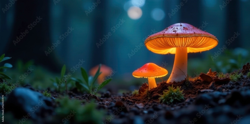 Softly glowing fungi in forest floor illuminated by moonlight, underground world, forest floor Softly glowing fungi in forest floor illuminated by moonlight, underground world, forest floor