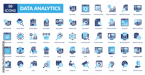 data analytics fill icon set collection. Data Visualization, Analytics Dashboard, Big Data Processing, Predictive Analysis, Machine Learning, Data Mining, Statistical Modeling, Real Time Analytics
