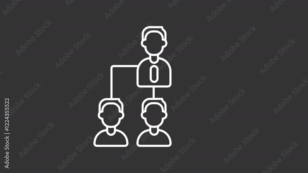 Business structure white line animation. Corporate responsibility animated icon. Showing up persons. Drawing lines. Isolated illustration on dark background. Transition alpha video. Motion graphic Business structure white line animation. Corporate responsibility animated icon. Showing up persons. Drawing lines. Isolated illustration on dark background. Transition alpha video. Motion graphic