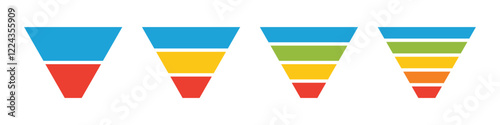 Sale marketing funnels set. Business pyramid template with steps. Funnel diagram steps template. Filter level icon. Infographic cone chart. Vector illustration isolated on white background.