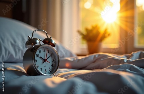 A digital alarm clock on a bedside table, displaying the shift in time as the sunlight peeks through the curtains, signaling the start of longer days. Daylight saving time concept photo