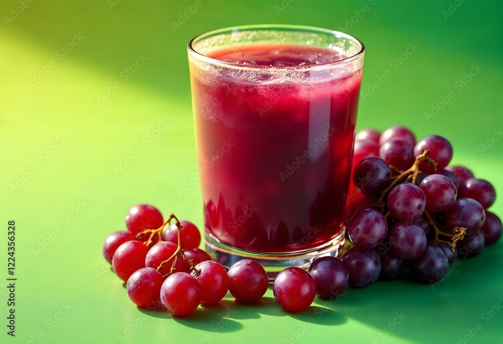 Refreshing Red Grape Juice in a Glass with Fresh Grapes - Close-up Photography. This vibrant image showcases a glass of delicious, healthy red grape juice, accompanied by clusters of ripe red grapes. 