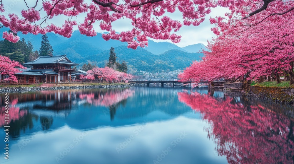 Fototapeta premium Tranquil cherry blossom scenery in Japan, full bloom sakura reflecting in the water.