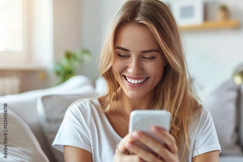 Smiling caucasian woman using a phone at home. AI generative Smiling caucasian woman using a phone at home. AI generative