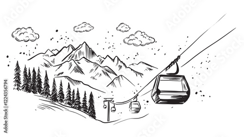 Ski lift in mountain, on white, sketch, hand drawn illustrations.
