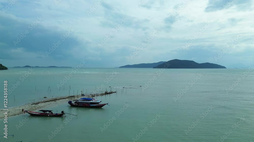 Koh Samui Thong Krut Pier Thailand, aerial drone long tail fishing boats moored Koh Samui Thong Krut Pier Thailand, aerial drone long tail fishing boats moored