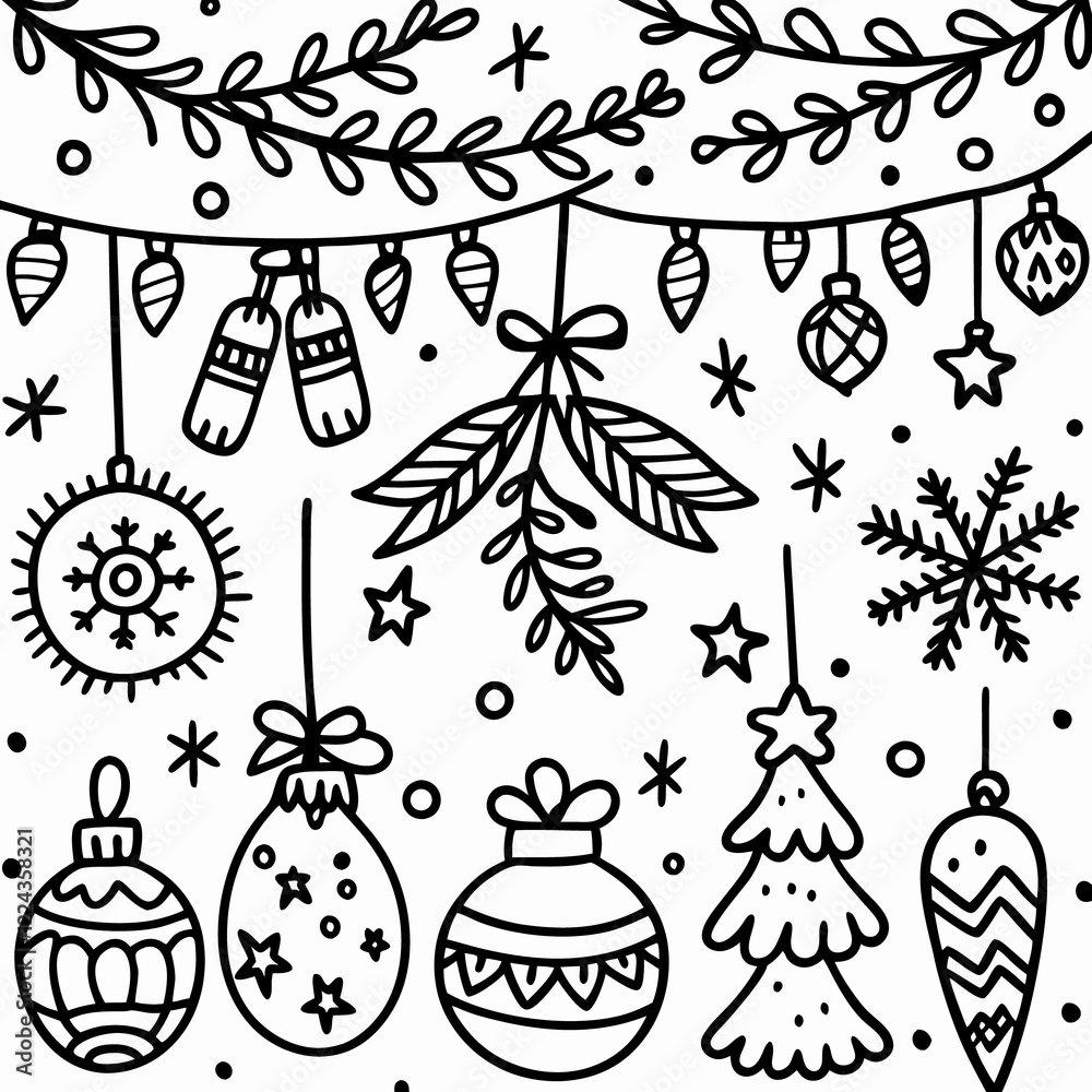Fototapeta premium Hand-drawn Christmas ornaments and garland.