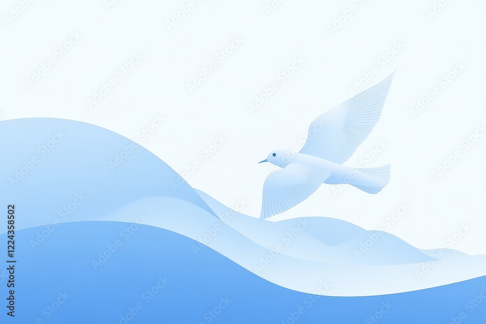 White Dove Soaring Over Blue Wavy Landscape White Dove Soaring Over Blue Wavy Landscape