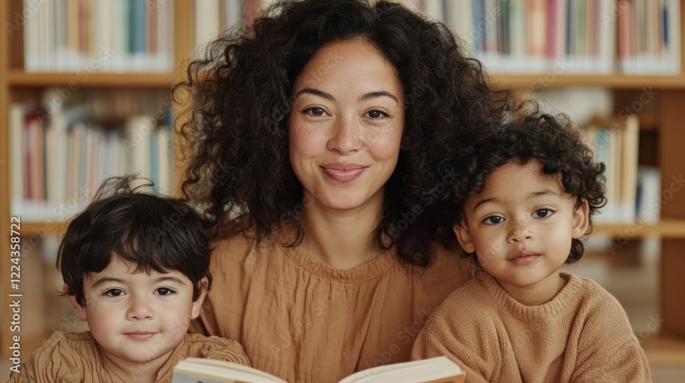 Cozy Classroom Storytelling Latina Educator Engages Young Children on Rug in Sunlit Library - Enhancing Early Literacy and Creating Diverse Learning Spaces