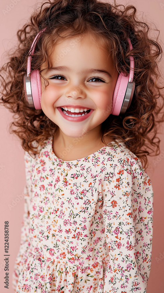 Cheerful little cute girl wearing headphones in pink.

