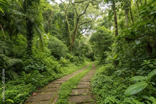 Overgrown pathways wind through jungle disappearing into dense undergrowth, ancient tree trunks, vegetation chokehold, thorny branches, tangled vines, jungle path