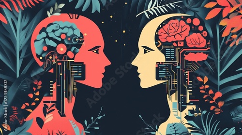 Two AI heads facing each other, surrounded by tropical leaves, showing internal circuitry and brains. photo