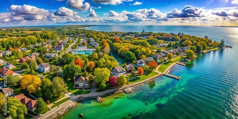 Fototapeta premium Aerial Panorama of Bronte, Oakville, Ontario: Stunning Lake Ontario Views & Waterfront Homes