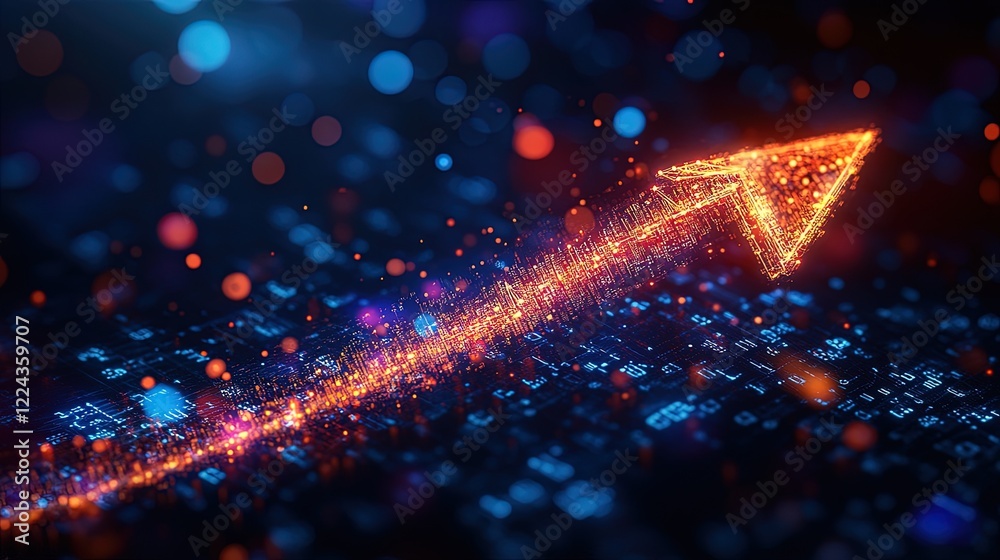 Upward arrow made of digital particles and binary numbers, symbolizing tech-driven growth