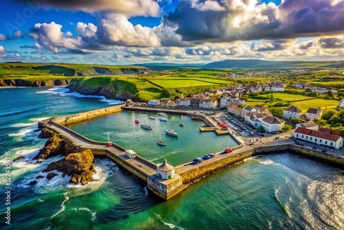 Aerial Portrait: Portballintrae Harbour, Antrim Coast, Northern Ireland - Dramatic Atlantic Ocean View photo