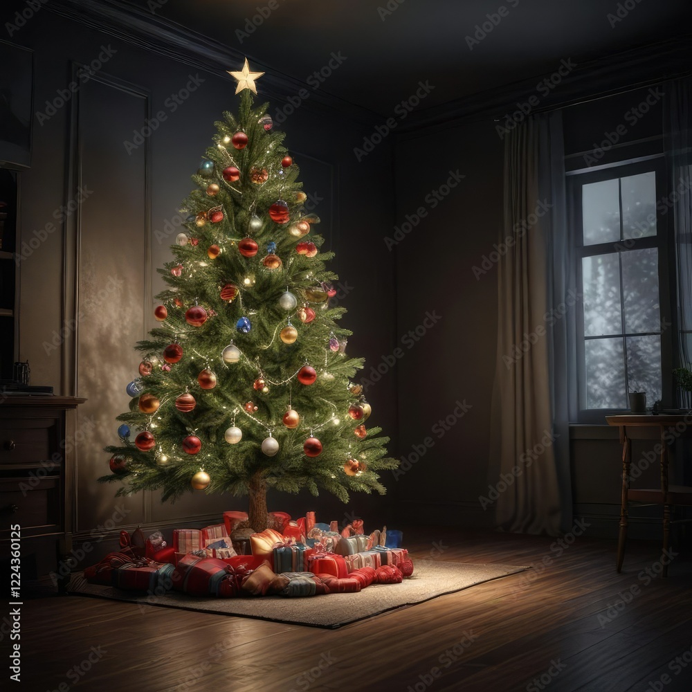 Christmas tree decorated with ornaments and lights in a dark room, lights, decorations, twinkle lights Christmas tree decorated with ornaments and lights in a dark room, lights, decorations, twinkle lights