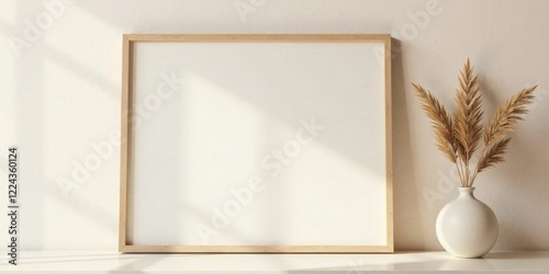 Simple wooden frame mockup with sunlit wall and dried flowers in vase