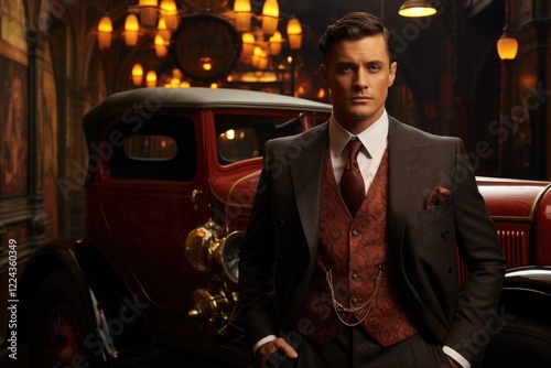 Stylish man confident appearance: strict gentleman style, 1920s fashion, England elegance, Chicago icon influence, vintage suit, late XIX century, early XX century, dapper look, historical flair. photo