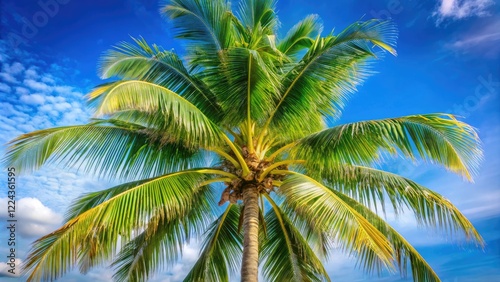 Wallpaper Mural Close-up of a coconuts palm tree with large, feathery fronds and a sturdy trunk, against a bright blue sky, tropical, island, beach Torontodigital.ca