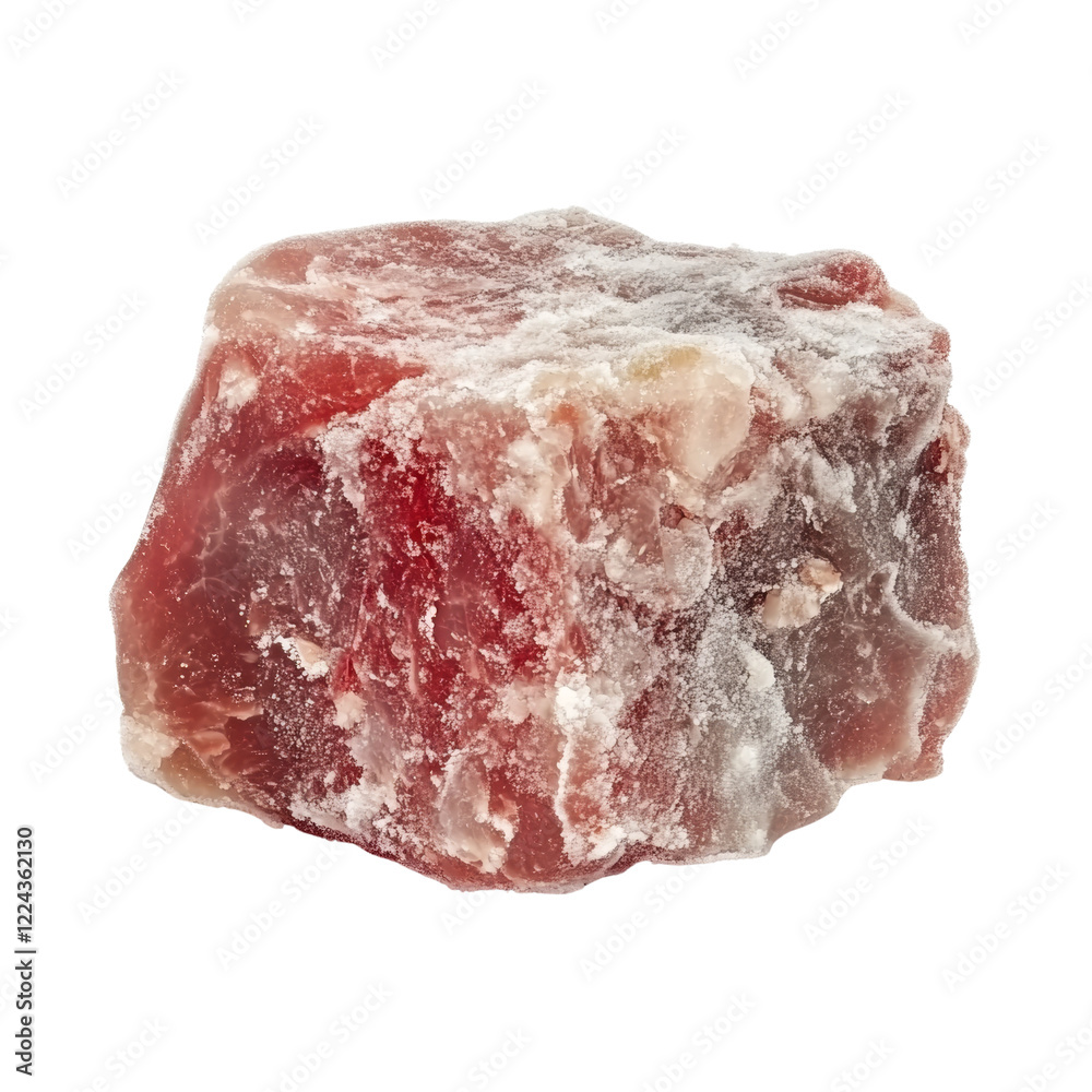 A close-up view of a single, square piece of red Turkish delight, coated in a layer of sugar. A close-up view of a single, square piece of red Turkish delight, coated in a layer of sugar.