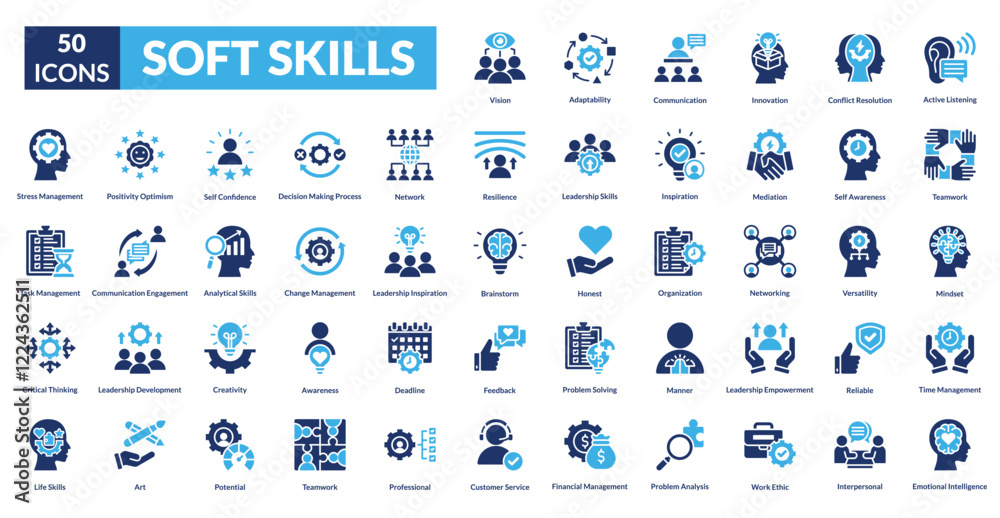 soft skills fill icon set collection. Active Listening, teamwork, Mindset, Time Management, Emotional Intelligence, Vision, Adaptability, Communication, innovation, Conflict Resolution