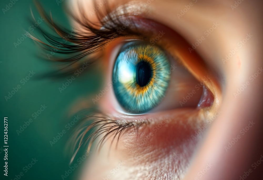 Fototapeta premium Stunning Close-up of a Captivating Human Eye, Revealing Intricate Details of Iris, Pupil, and Eyelashes, with a Teal Background. The Image is an Exquisite Macro Shot that Highlights the Beauty and Com
