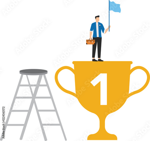 Business achievement. triumph or award winning, accomplishment for leadership success. Businessman proudly holds flag while standing on gold trophy. Suitable for showcasing success, leadership, awards