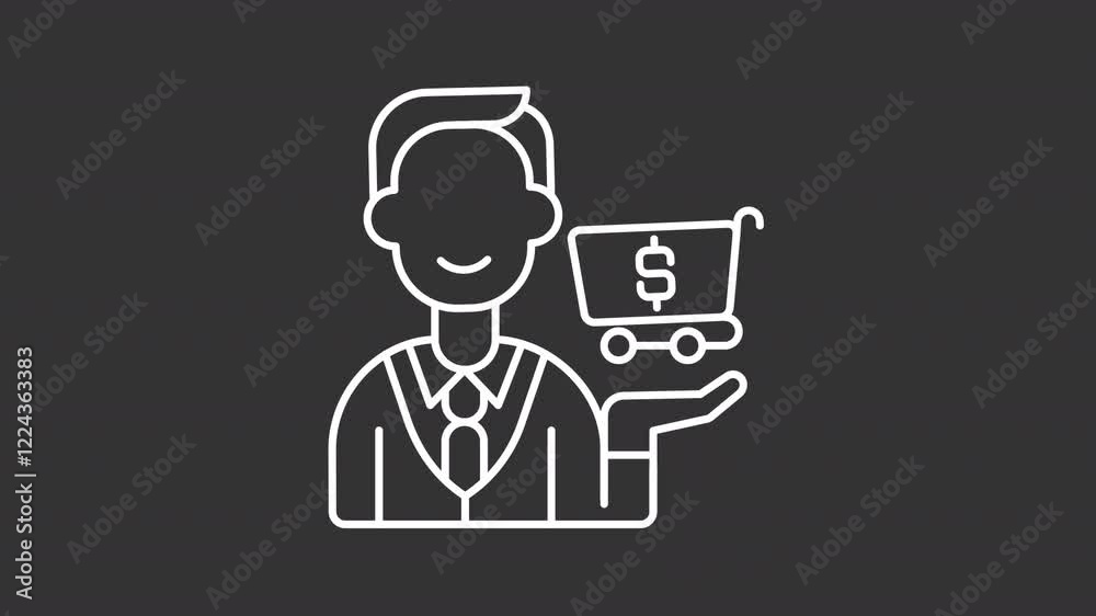 Purchasing department white line animation. Selling management animated icon. Moving head, hand. Shaking shopping cart. Isolated illustration on dark background. Transition alpha video. Motion graphic Purchasing department white line animation. Selling management animated icon. Moving head, hand. Shaking shopping cart. Isolated illustration on dark background. Transition alpha video. Motion graphic