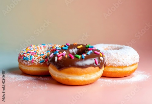 Wallpaper Mural Three assorted donuts with sprinkles and glaze on a pink background. A delicious and sweet treat perfect for any occasion.  Close-up shot of sugary delights, showcasing a variety of toppings and textu Torontodigital.ca