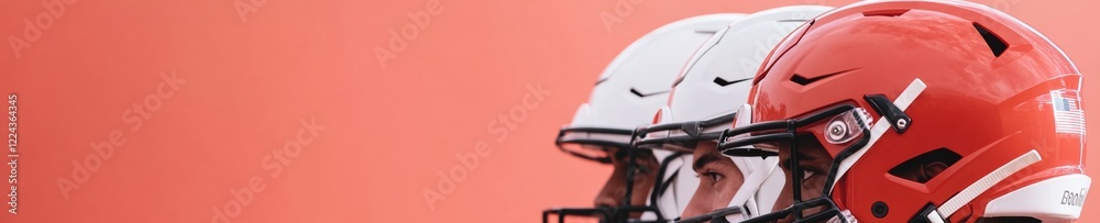 Futuristic Team Sports Imagery Football Helmets in Profile Against Bold Background - Dynamic Athletic Content for Brand Marketing and Competitive Training Inspiration Futuristic Team Sports Imagery Football Helmets in Profile Against Bold Background - Dynamic Athletic Content for Brand Marketing and Competitive Training Inspiration