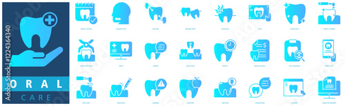 ORAL CARE ICON SET with dental checkup, wisdom tooth, bacteria, wisdom tooth, toothache, x ray, clean tooth, dental cleaning, dental care and tooth extraction