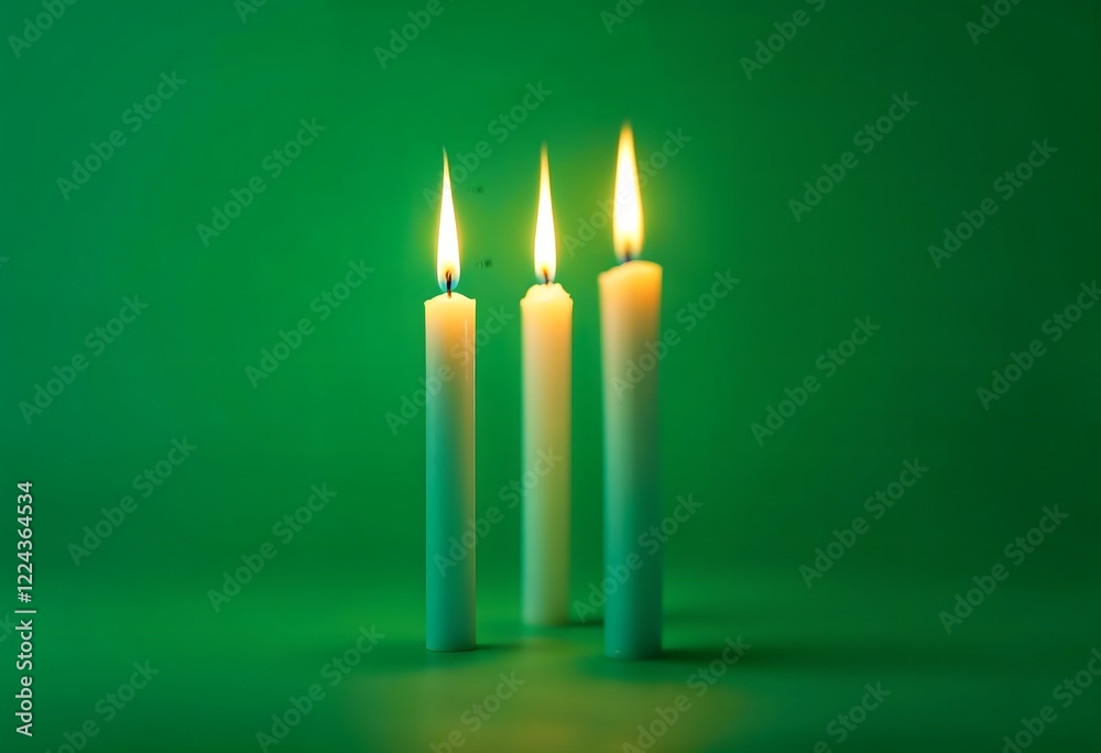 Three White Candles Burning Brightly Against a Deep Green Background: A Symbol of Peace, Serenity, and Hope. Perfect for meditation, spiritual, or religious themes. The soft, warm glow evokes feeling Three White Candles Burning Brightly Against a Deep Green Background: A Symbol of Peace, Serenity, and Hope. Perfect for meditation, spiritual, or religious themes. The soft, warm glow evokes feeling