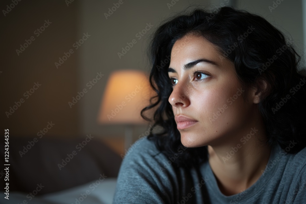Thoughtful Woman at Home in Soft Evening Light Contemplating Lifes Next Steps Thoughtful Woman at Home in Soft Evening Light Contemplating Lifes Next Steps