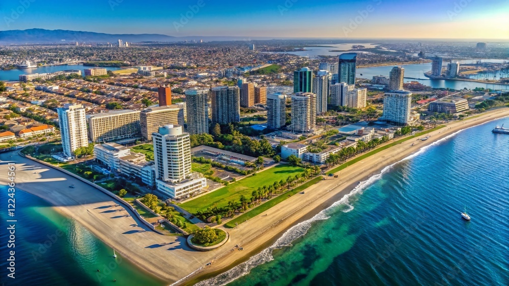 Aerial View Long Beach California Skyline, Stunning Coastal Cityscape Drone Photography