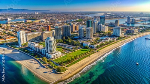 Obraz na płótnie Aerial View Long Beach California Skyline, Stunning Coastal Cityscape Drone Photography w salonie