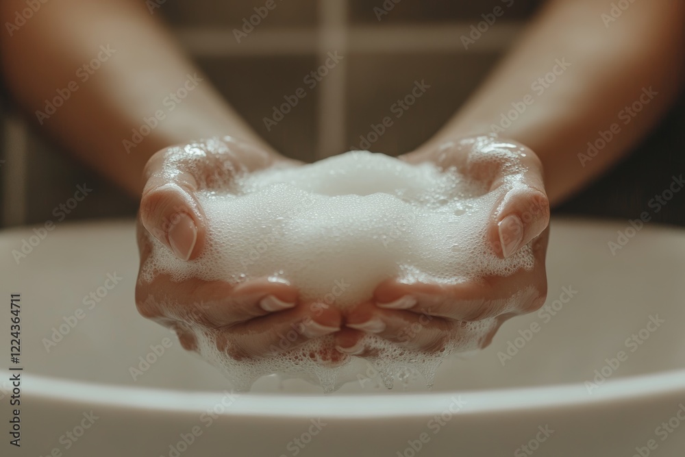 Fototapeta premium Hands Gently Holding Foamy Soap Bubbles Over Sink in Warm Toned Bathroom