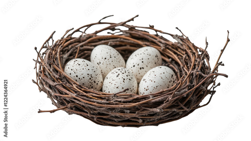 A delicate nest with speckled eggs resting quietly in a nature-inspired setting indoors